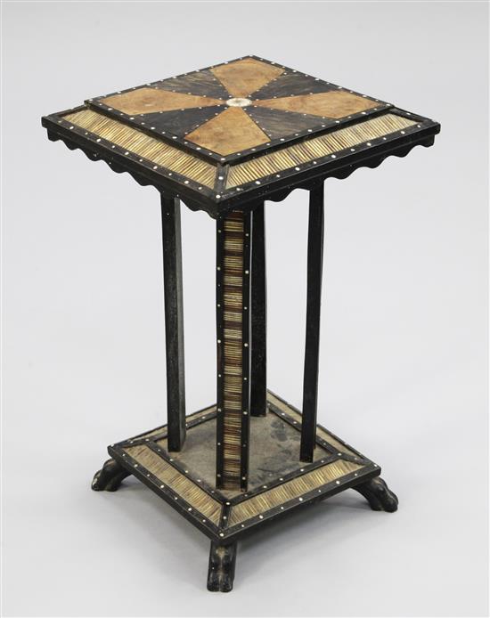 A Ceylonese ebony and bone inlaid square occasional table, W.1ft